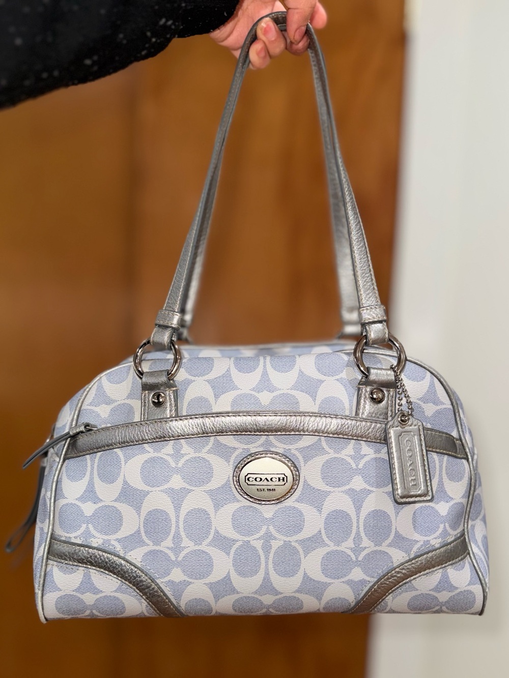 Coach Light Gray Signature Dome Satchel with Silver Trim
